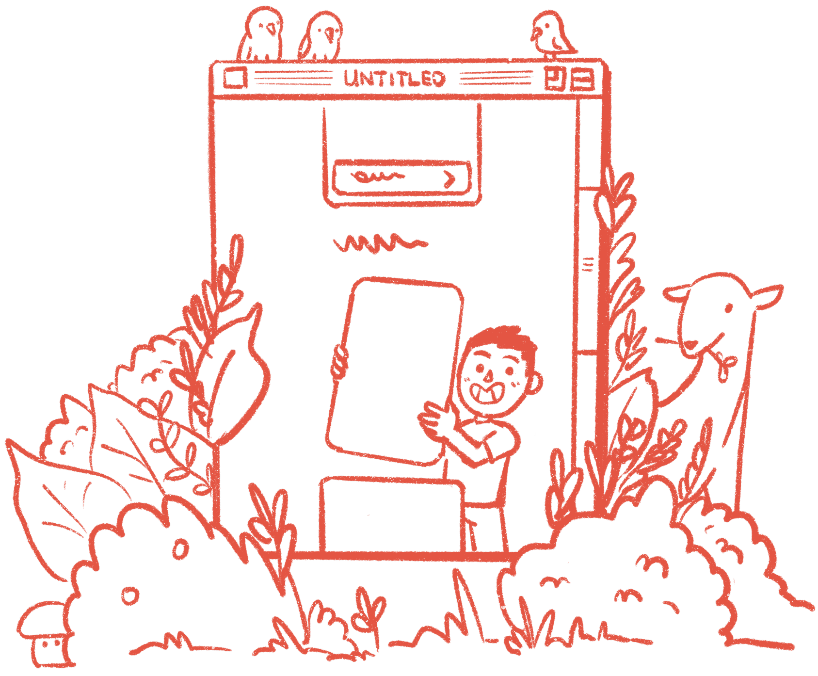 Hero illustration with boy holding screen, UNTITLED window, birds, sheep, and plants